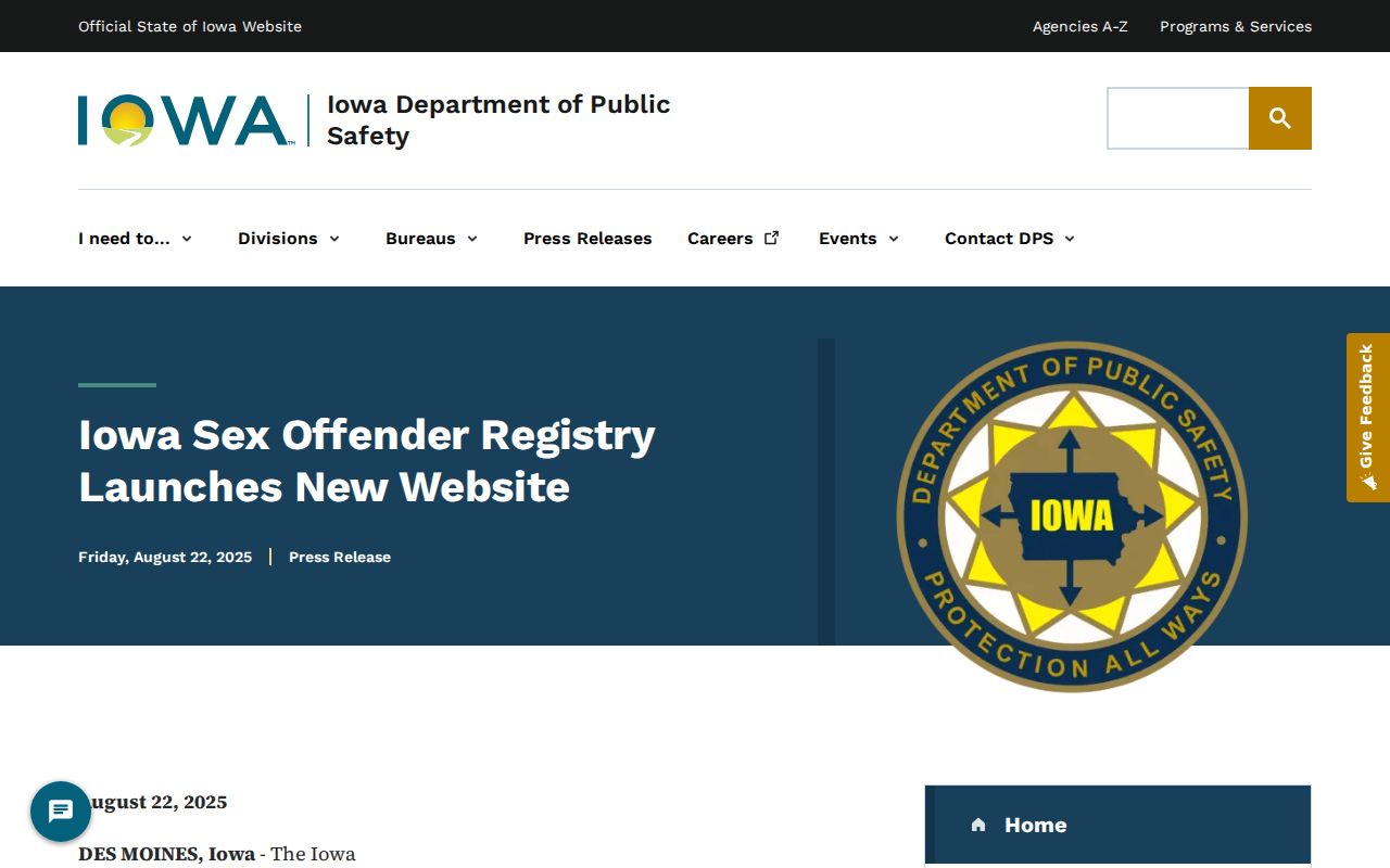 Union County sex offender registry redesign announcement from Iowa DPS