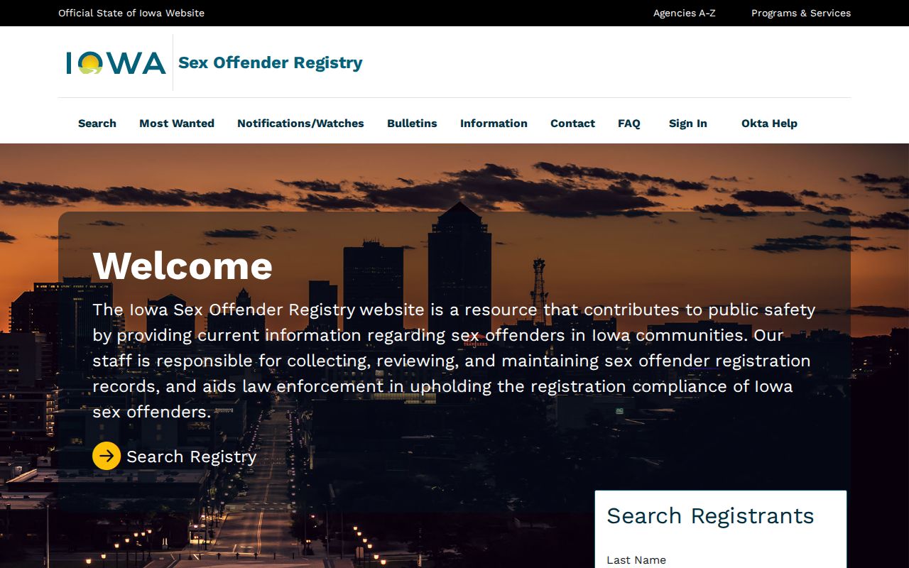 Official Iowa registry interface for a Union County sex offender search
