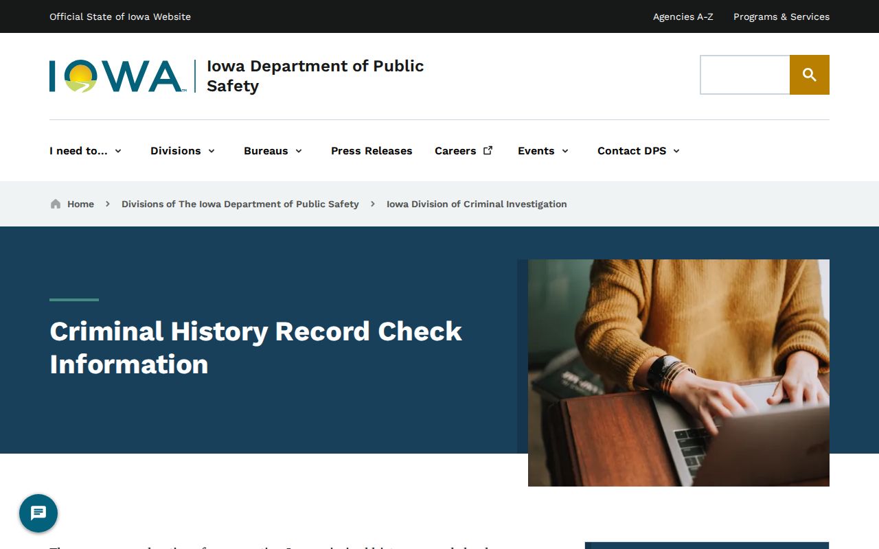 Iowa DCI official criminal history record check information page
